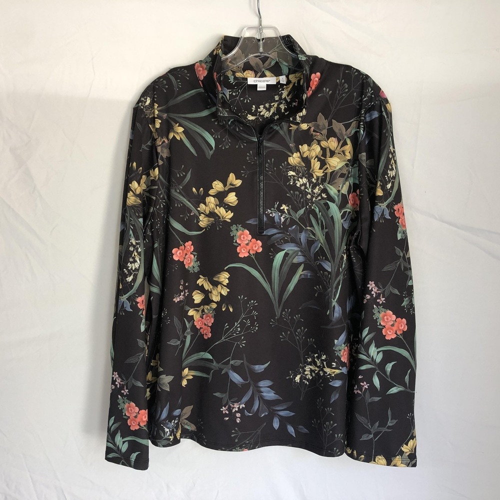 Chico's Pullover Womens 16 Black Floral 1/4 Zip Stretch Long Sleeve Top Jersey